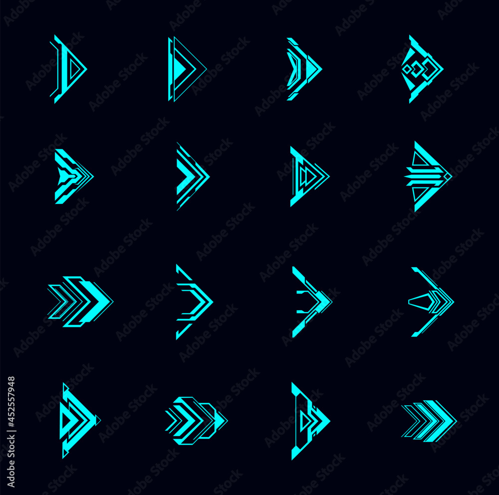 Leinwandbilder Hud arrows, futuristic navigation pointers, Sci Fi Ui interface. Digital techno style vector elements. Neon glowing buttons for computer game or app menu, modern graphic design cursor symbols set