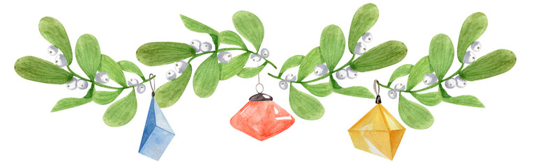 Mistletoe with glass toys watercolor border. Template for decorating designs and illustrations.
