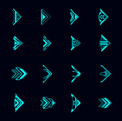 Hud arrows, futuristic navigation pointers, Sci Fi Ui interface. Digital techno style vector elements. Neon glowing buttons for computer game or app menu, modern graphic design cursor symbols set