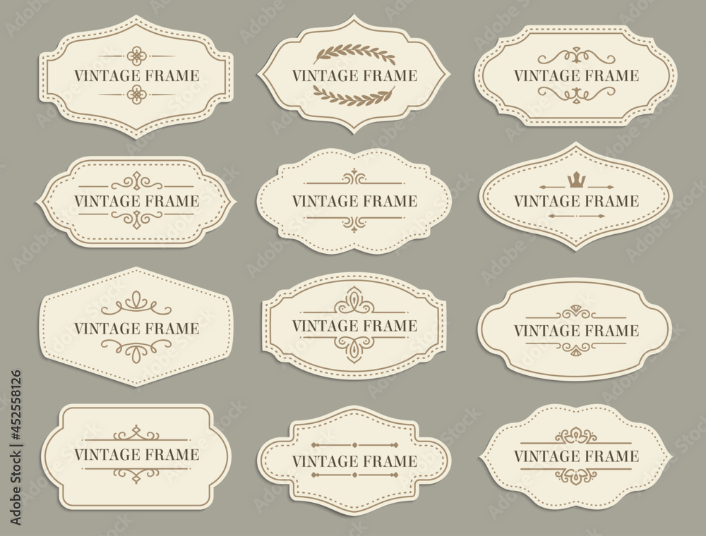Poster vintage retro borders and frames, vector paper labels with flourishes for scrapbooking or invitation