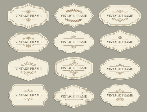 Vintage retro borders and frames, vector paper labels with flourishes for scrapbooking or invitation design. Scrapbook decoration elements, tags or stickers for text notes or messages isolated set