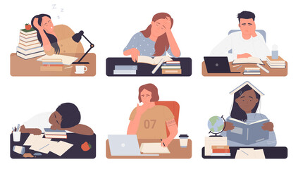 Bored students study vector illustration set isolated. Cartoon young exhausted woman man student characters sitting on desk with books while studying boring doing homework, frustrated people working