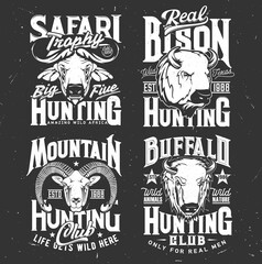 Tshirt print with mountain goat, buffalo and bison heads. Vector wild animals mascots for hunting and safari hunter club, black and white labels for apparel design, isolated emblems for hunt society © Vector Tradition