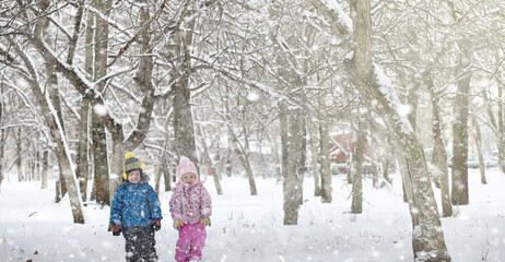 Winter park under the snow. A snowstorm in the city park. Park for walks with the whole family under the snow cover.