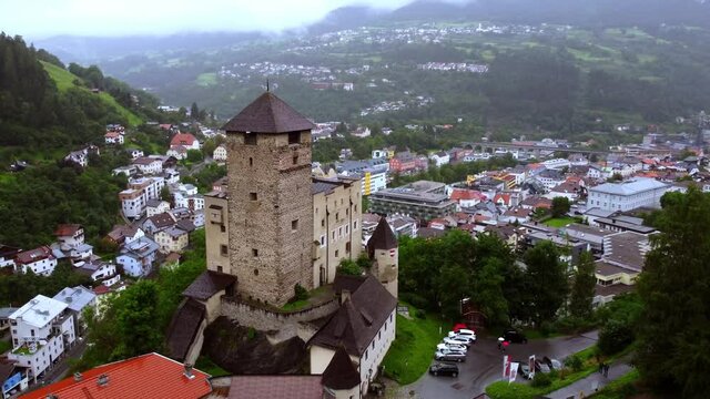 Village of Landeck in Austria with Landeck Castle - aerial view