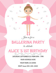 Birthday ballerina party invitation. Little girl ballerina in pink tutu dress. Cute cartoon character.