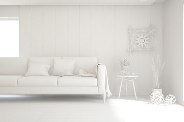 Mock up of minimalist living room in white color with sofa. Scandinavian interior design. 3D illustration
