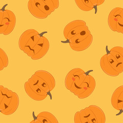 Seamless pattern of pumpkins with various emotions on yellow background.