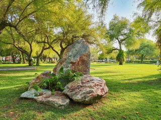 Use of big rock stone in a landscape garden. Beautiful green garden with a big rock. Natural landscape design. No people
