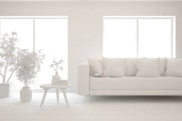 White minimalist living room with sofa. Scandinavian interior design. 3D illustration