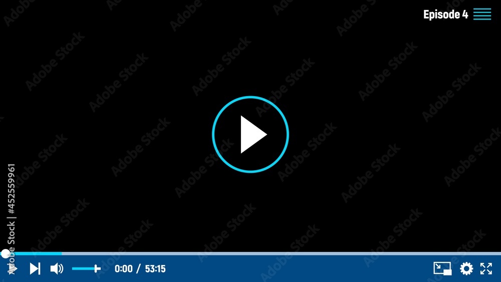 Fototapete Video player interface vector template, skin ui design with play button, menu bar and slider on black empty screen, sound and settings signs. Digital multimedia online content and movie playing
