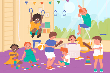 Obraz na płótnie Canvas Kids play with toys in kindergarten playroom vector illustration. Cartoon happy little boy girl child characters playing games indoor, preschool kids have fun together in nursery interior background