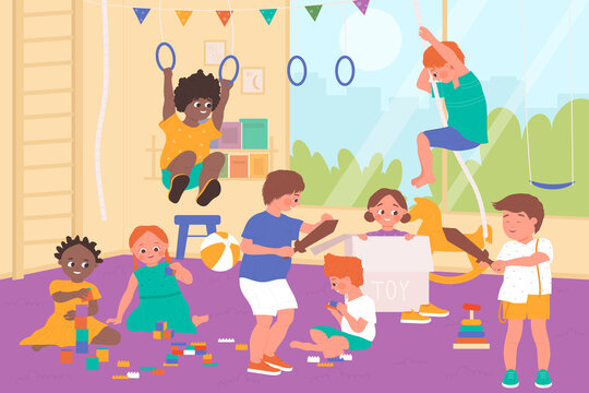Kids play with toys in kindergarten playroom vector illustration. Cartoon happy little boy girl child characters playing games indoor, preschool kids have fun together in nursery interior background