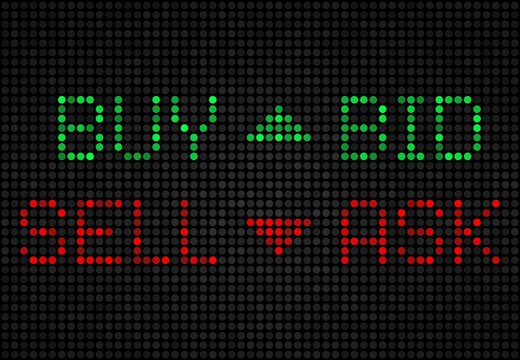 Stock exchange board, buy, sell, bid, ask LED indicators. Vector market index on screen, green and red trade tickers, currency rate growth and drop on black display. Trading data, financial investment