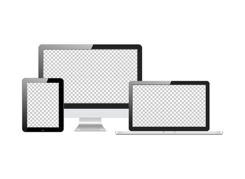 Set of realistic screen transparent computer monitors, laptops, tablets. Electronic gadgets isolated on white background