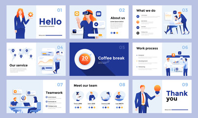 Presentation and slide design template with business people. Can be used for business annual report, flyer, marketing, leaflet, advertising, brochure, modern style. Vector illustration