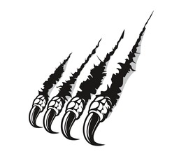 Dragon claw marks scratches, monster fingers with long nails tears through paper or wall surface. Vector monochrome wild animal rips, isolated paw sherds, beast break, four talons attack traces