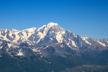 View of the Mont Blanc massif. Mountainous landscape in summer.