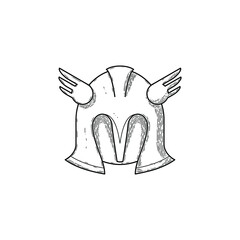 Abstract Hand Drawn Knight Helmet Hat Clothing For Man And Woman Doodle Headdress Wear Concept Vector Design Outline Style On White Background Isolated