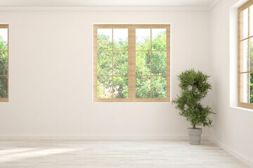 White empty room with summer landscape in window. Scandinavian interior design. 3D illustration