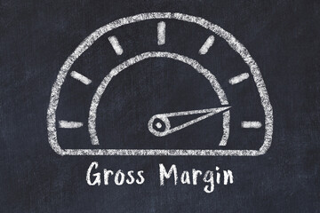 Chalk sketch of speedometer with high value and iscription Gross Margin. Concept of hight KPI