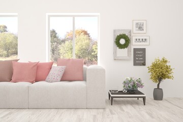 Stylish room in white color with sofa and autumn landscape in window. Scandinavian interior design. 3D illustration