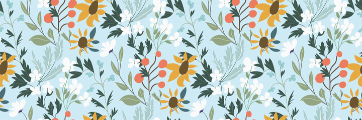 Fresh floral pattern with wildflowers on a light blue background. Vector seamless pattern in a hand-drawn style. A set of flowers and herbs scattered randomly. Perfect prints, fabrics, covers...