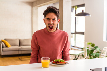 Fototapeta na wymiar Young mixed race man having breakfast in his kitchen screaming very angry and aggressive.