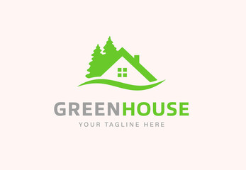 House with pine trees simple logo design