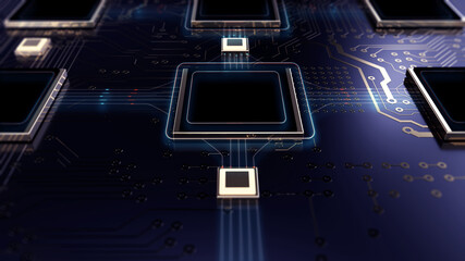 Printed circuit board futuristic server./3d Illustration. The mother server is processing the data, Circuit board futuristic server code processing. Orange, red, blue technology background with bokeh.
