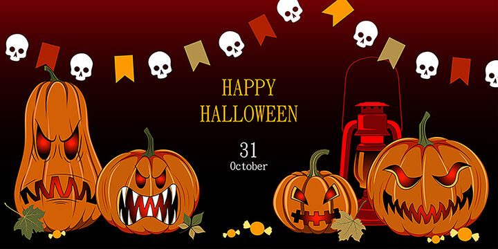 Banner with the image of evil pumpkins. Happy Halloween. Template for banner, postcard, flyer, poster.