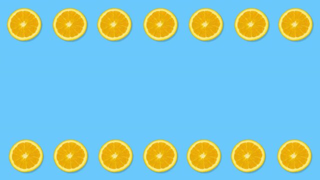  Lots of oranges placed on a colored background, moving.