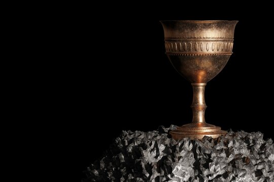 Old Chalice Over The Stone And Black Background. 3D Render