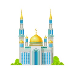 Muslim mosque building icon, Islam religion shrine, vector architecture. Arabian or Egyptian Muslim mosque, Allah holy place or temple, Islam religious culture and Koran worship