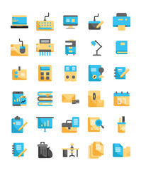 set of office supplies tools working flat icons