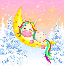 Unicorn moon winter forest Сhristmas. A small unicorn sleeps on the moon against the background of a winter forest, snowflakes and a shining star