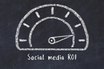 Chalk sketch of speedometer with high value and iscription Social media ROI. Concept of hight KPI
