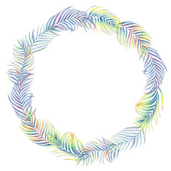 Colorful summer tropical exotic wreath. Palm leaves watercolor illustration. Botanical jungle frame