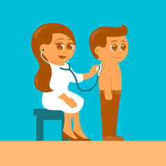 Woman pediatrician in a medical suit and a little boy. The doctor listens to the breath using a phonendoscope. There is a smile on the face of people. Vector cartoon illustration