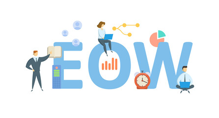EOW, End of week. Concept with keyword, people and icons. Flat vector illustration. Isolated on white.