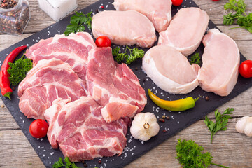 Raw pork neck and fillet with spices and herbs