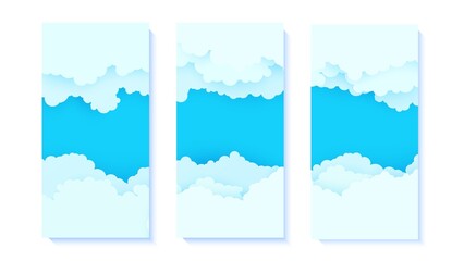Set of flyers with blue sky and white clouds border in paper cut style. Collection of 3d papercut weather banners with top view cloudy sky. Vector card illustration of cloudscape pastel colors.