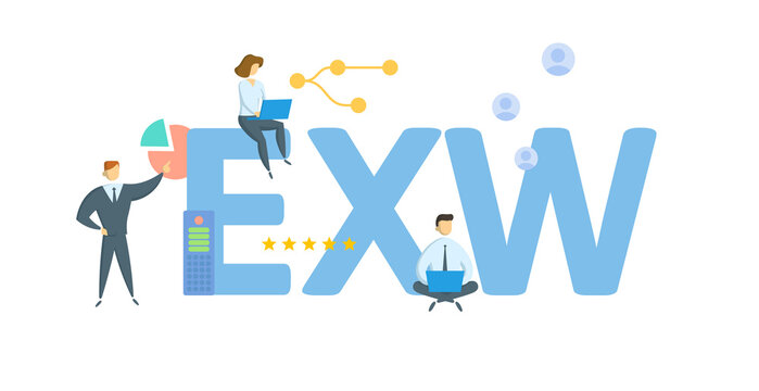 EXW, Ex Works. Concept with keyword, people and icons. Flat vector illustration. Isolated on white.