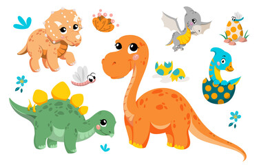 Set of cute dinosaurs. Pictures for printing on Tshirts. Posters and stickers for children. Old life forms, BC. Creation of Earth. Cartoon flat vector illustrations isolated on white background © Rudzhan