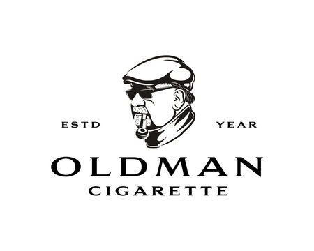 old man smoke cigarette with pipe. logo vintage.