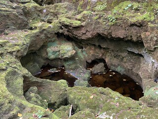 Stones overgrown with tufa and moss in the stream bed under the Zagorska pec cave in the village of...