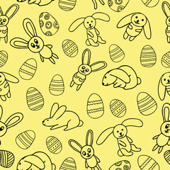 Easter eggs and bunnies seamless pattern hand drawn in doodle style. vector background for textile, wrapping paper, wallpaper. cute animals, holiday, christian, spring, april.