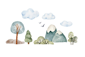 set of watercolor illustrations nature forest, mountains and landscape. This is an illustration for children's room design and postcards, hand-painted