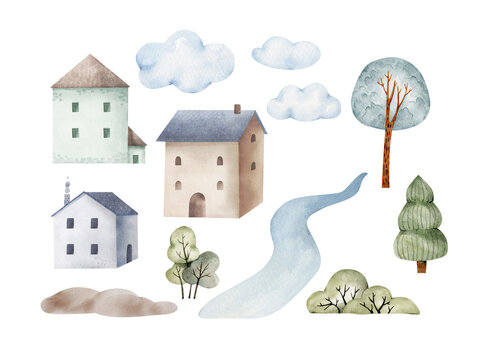Watercolor set of nature illustrations complete with houses and clouds. This is an illustration for kids room design and postcards, hand painted
