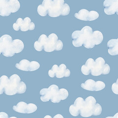 seamless pattern of watercolor white clouds on a blue background, hand painted
